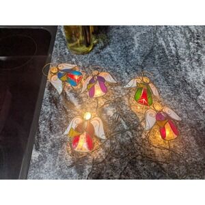 Vintage Multicolor Capiz & Wire Angel Playing Trumpets String Lights 5 Angels